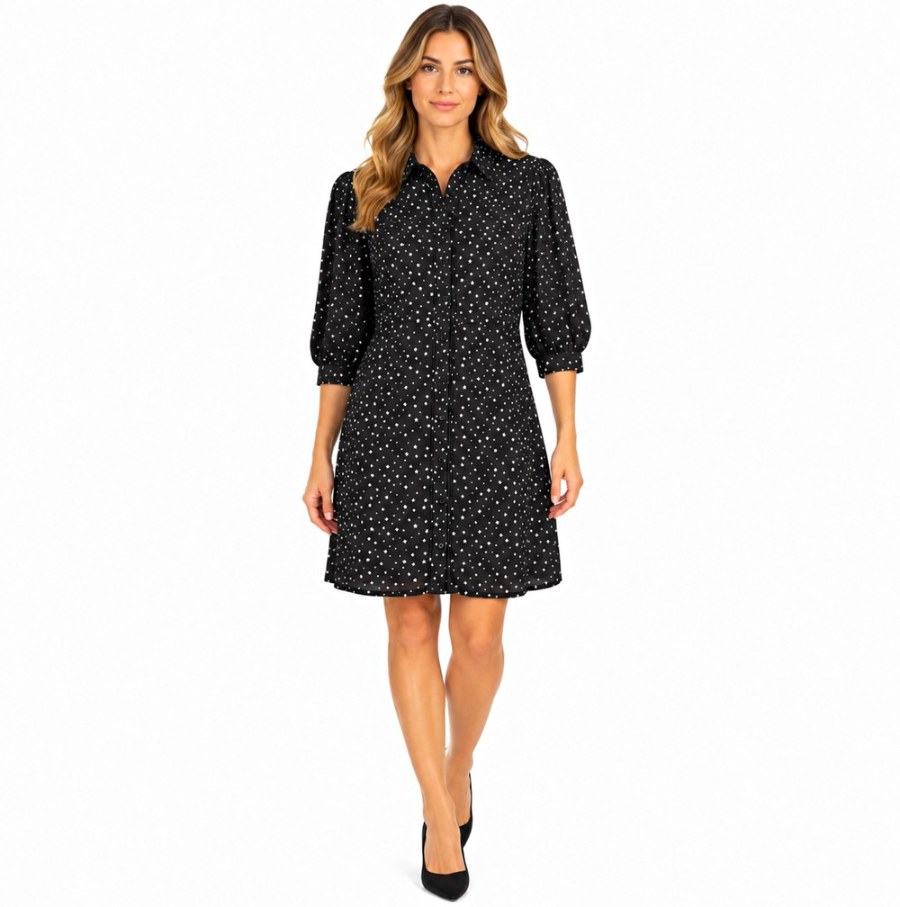 Banana Republic Star Print Shirt Dress Womens 12 Black White 3/4 Sleeve Button